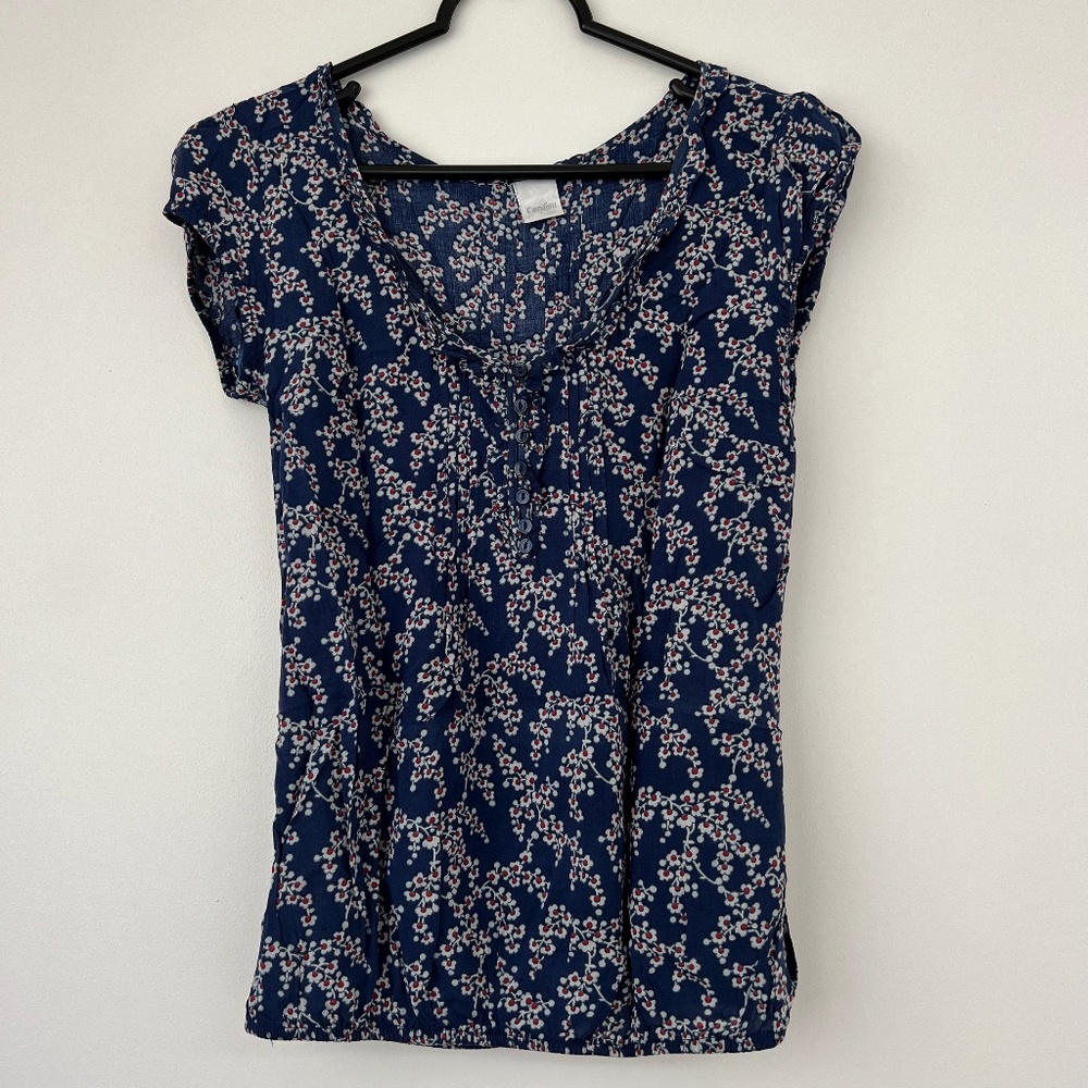 Camaïeu | Flower Print Blue White Red Peasant Blouse Size US4/EU36